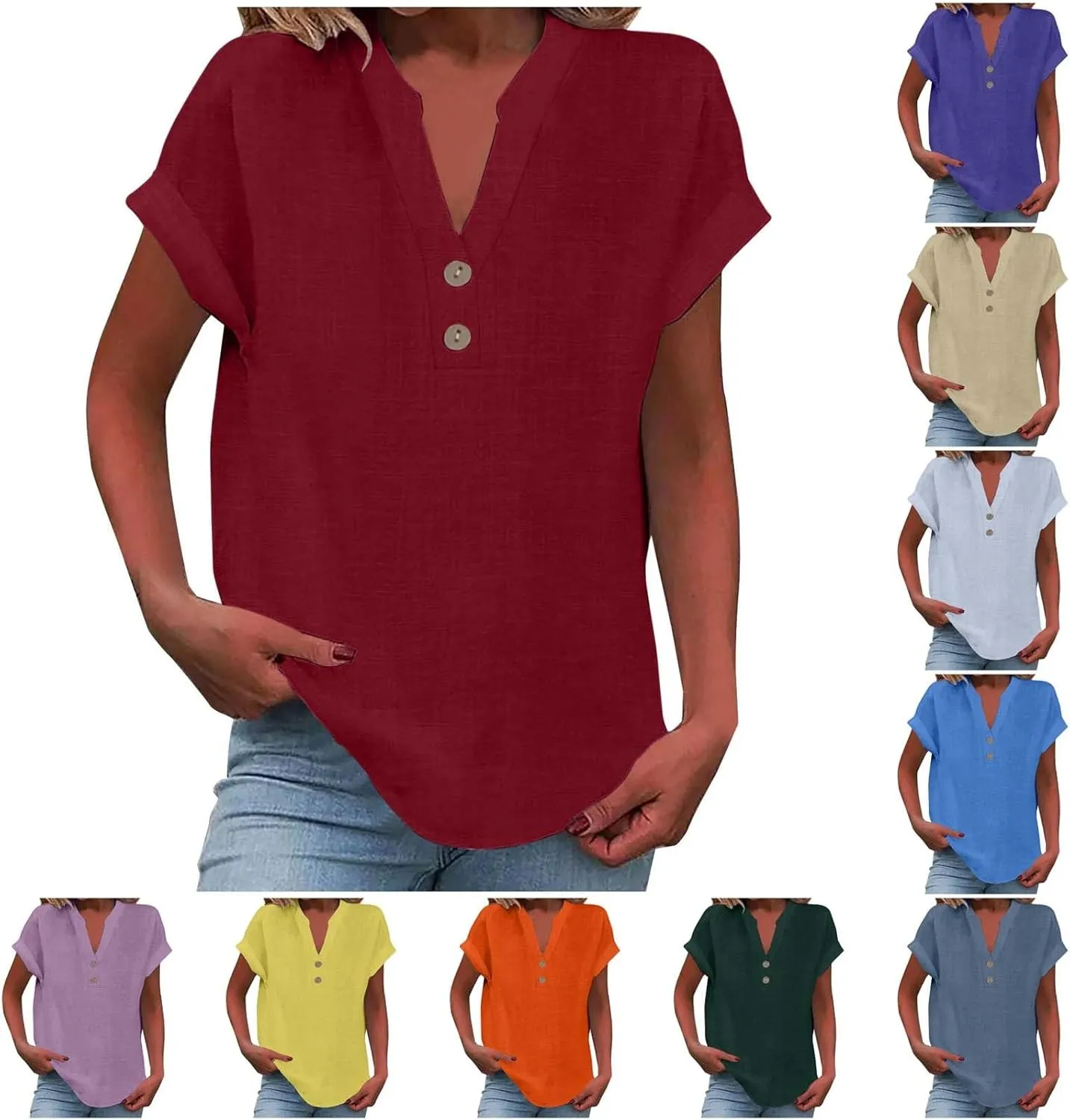 Linen Blouse for Women Plus Size Loose Fit Cotton Gauze Tops V Neck Button Down Henley Shirts Casual Solid Vacation Beach Tee