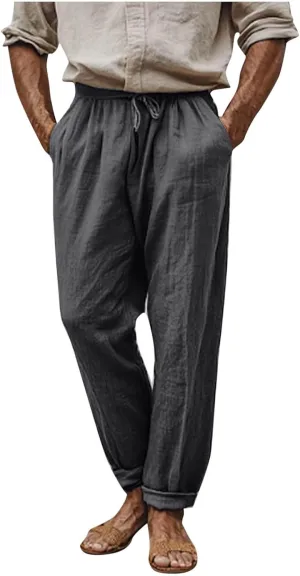 Linen Pants Men,Lightweight Drawstring Mens Casual Pants Relaxed Fit Summer Beach Trousers with Pockets