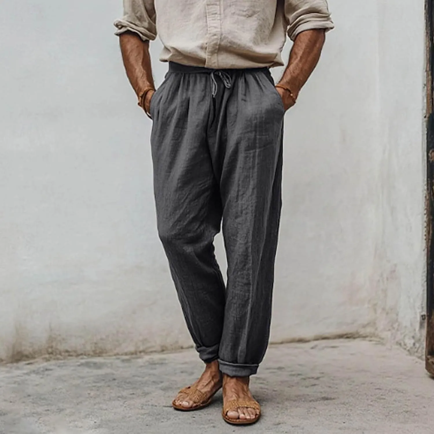 Linen Pants Men,Lightweight Drawstring Mens Casual Pants Relaxed Fit Summer Beach Trousers with Pockets