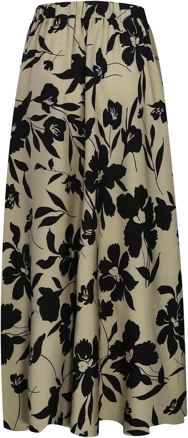 Long Flowy Floral Skirts for Women High Elastic Waist Summer Pleated A Line Maxi Smocked Boho Beach Skirts