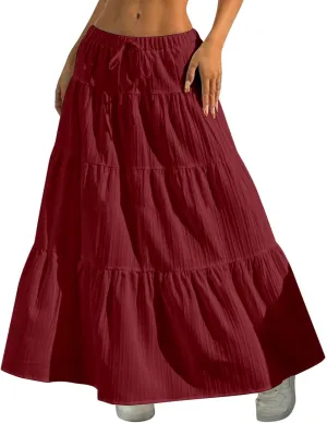 Long Flowy Skirts for Women Summer Boho Smocked Elastic Wasited Drawstring Tiered Ruffle A Line Beach Skirt