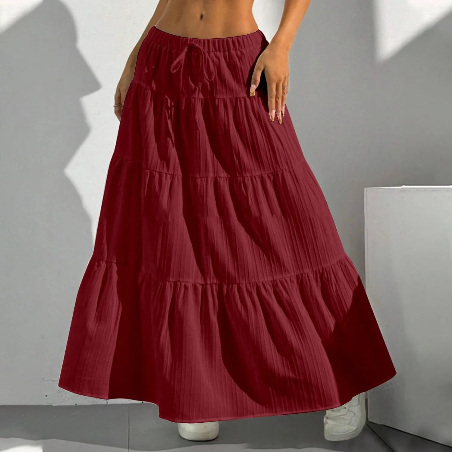 Long Flowy Skirts for Women Summer Boho Smocked Elastic Wasited Drawstring Tiered Ruffle A Line Beach Skirt