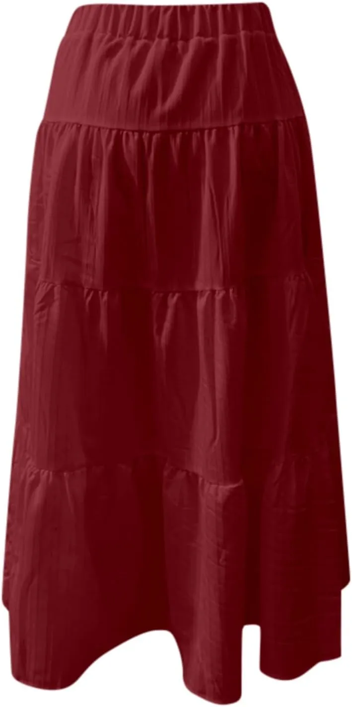 Long Flowy Skirts for Women Summer Boho Smocked Elastic Wasited Drawstring Tiered Ruffle A Line Beach Skirt