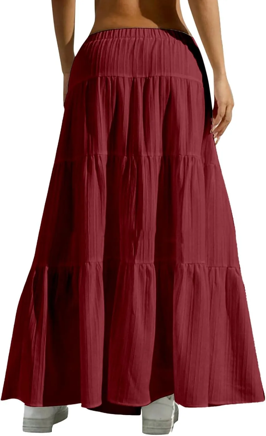 Long Flowy Skirts for Women Summer Boho Smocked Elastic Wasited Drawstring Tiered Ruffle A Line Beach Skirt