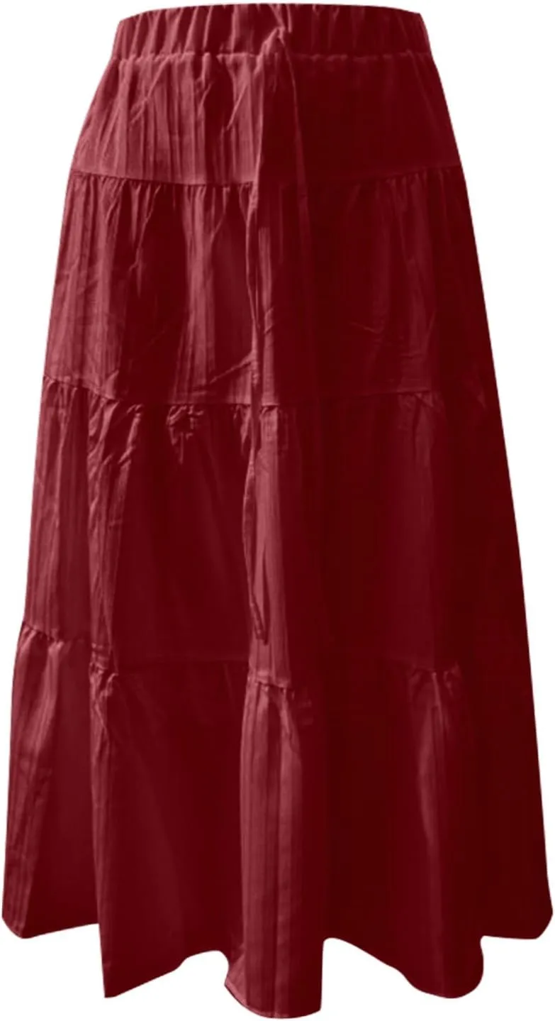 Long Flowy Skirts for Women Summer Boho Smocked Elastic Wasited Drawstring Tiered Ruffle A Line Beach Skirt