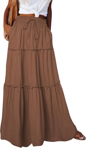 Long Skirts for Women Trendy Pleated Maxi Skirt Casual Drawstring High Waisted Flowy Tiered Long Skirt with Pockets