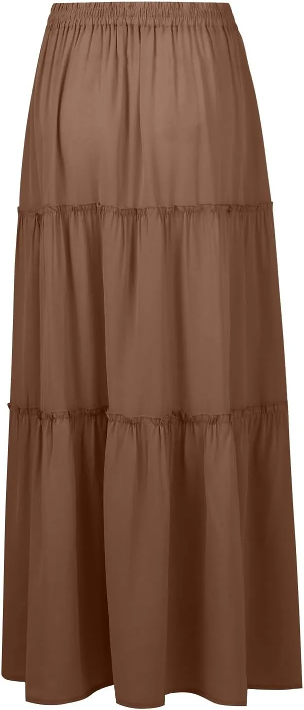 Long Skirts for Women Trendy Pleated Maxi Skirt Casual Drawstring High Waisted Flowy Tiered Long Skirt with Pockets