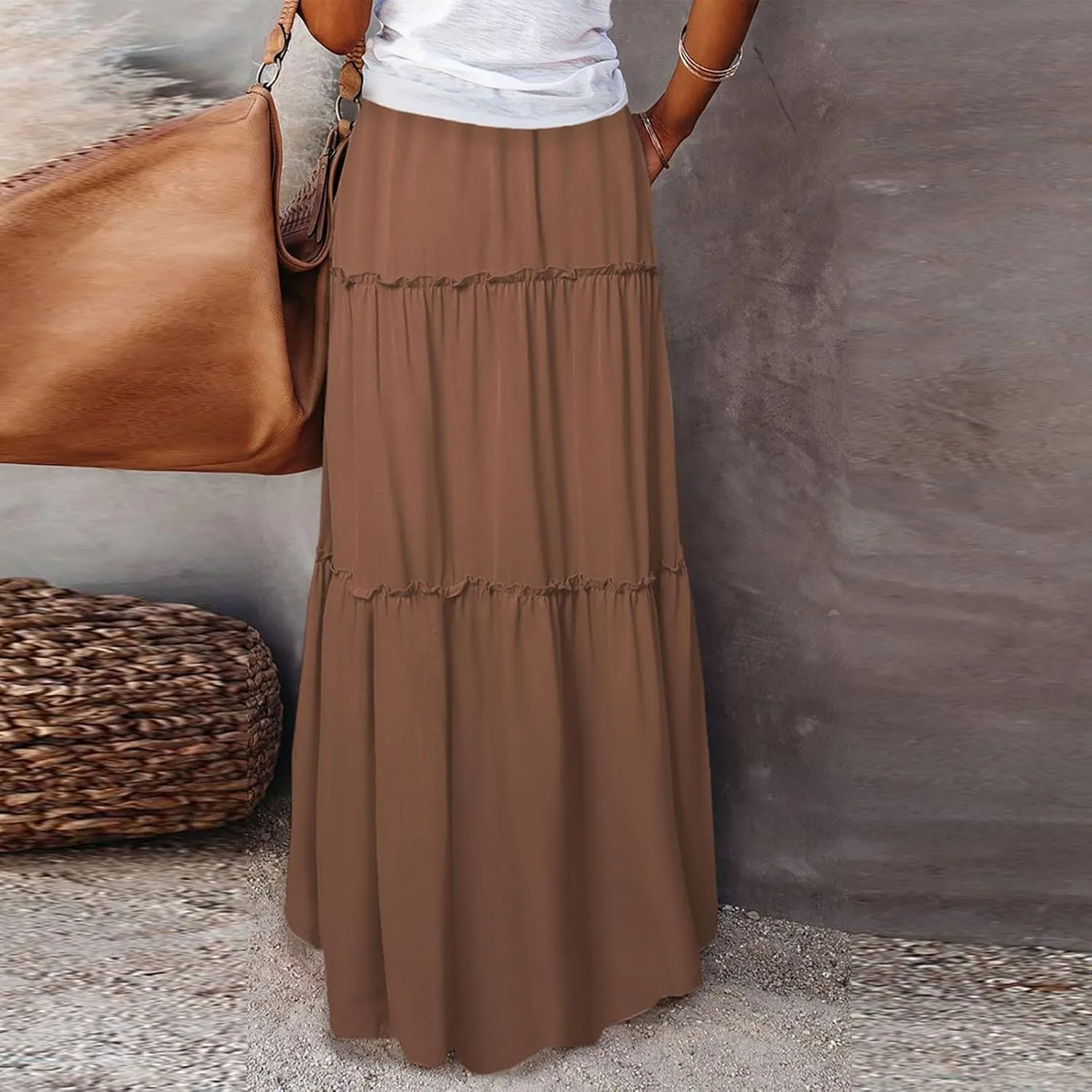Long Skirts for Women Trendy Pleated Maxi Skirt Casual Drawstring High Waisted Flowy Tiered Long Skirt with Pockets