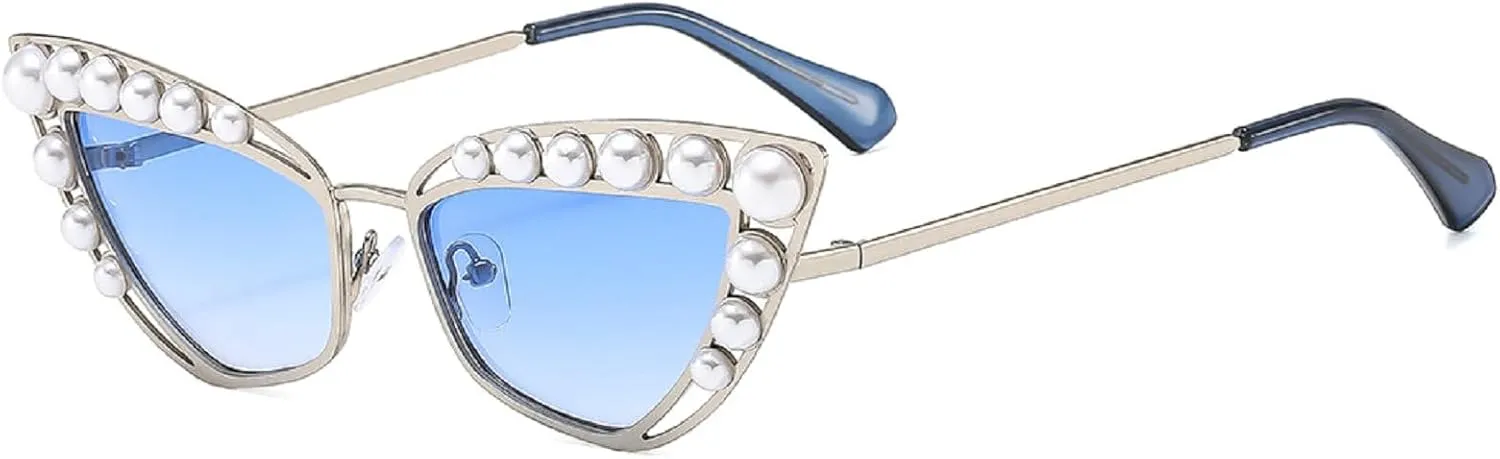 Luxury Diamond Pearl Sunglasses Women Cat Eye Sun Glasses for Women Vintage Shades Female Metal Frame