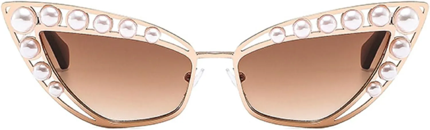 Luxury Diamond Pearl Sunglasses Women Cat Eye Sun Glasses for Women Vintage Shades Female Metal Frame