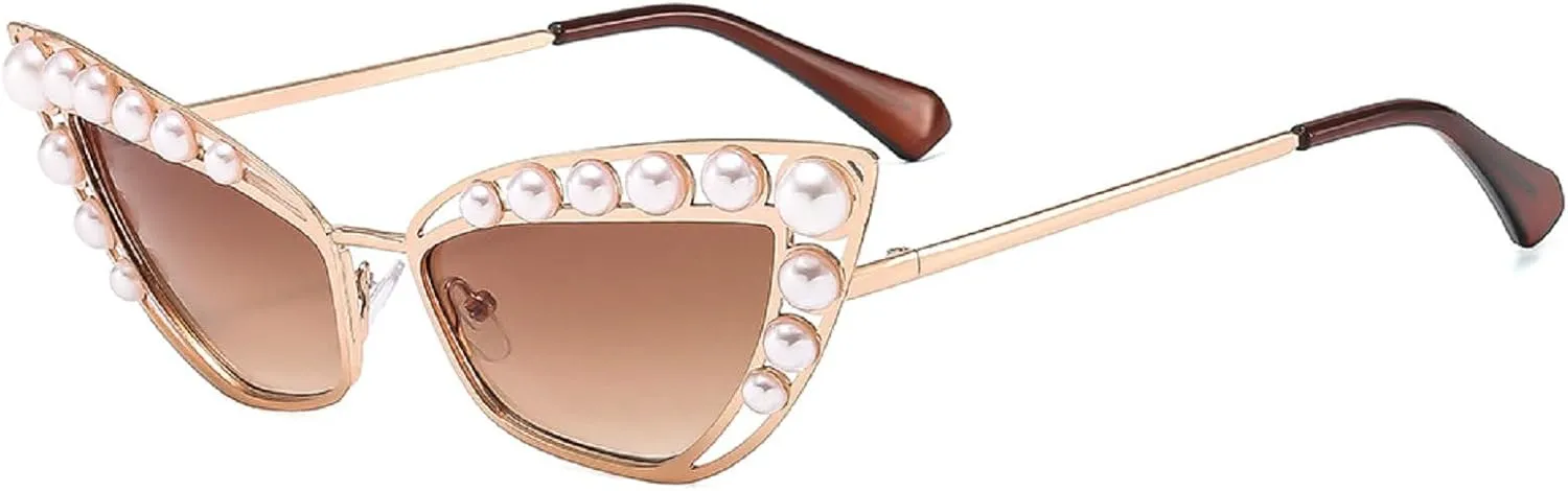 Luxury Diamond Pearl Sunglasses Women Cat Eye Sun Glasses for Women Vintage Shades Female Metal Frame