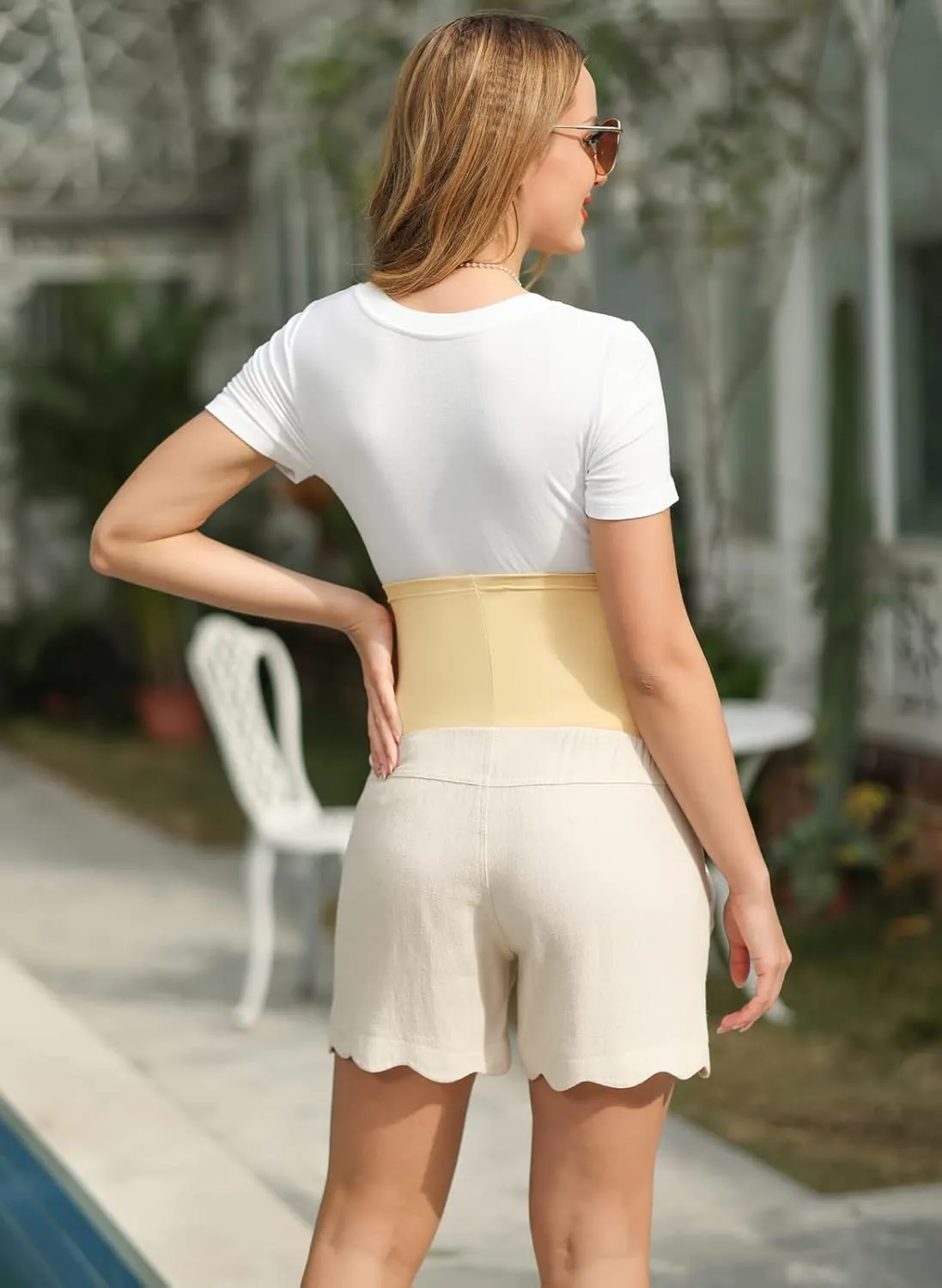 Maacie Maternity Shorts High Waist Scalloped Leg Opening Shorts with Pockets