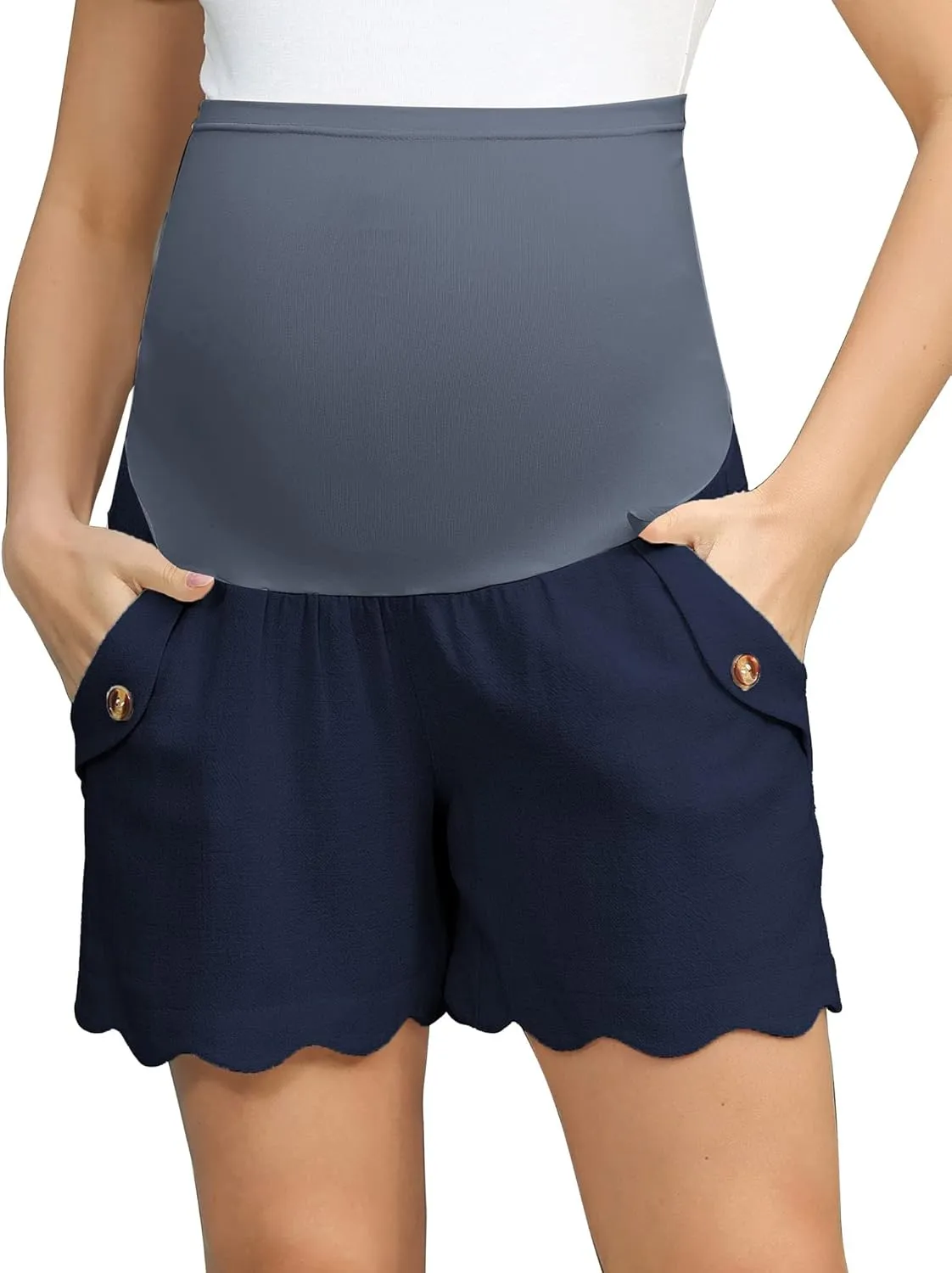 Maacie Maternity Shorts High Waist Scalloped Leg Opening Shorts with Pockets