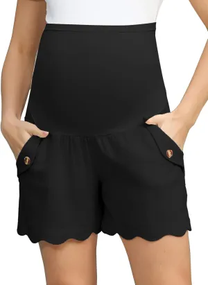 Maacie Maternity Shorts High Waist Scalloped Leg Opening Shorts with Pockets