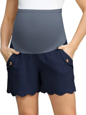 Maacie Maternity Shorts High Waist Scalloped Leg Opening Shorts with Pockets