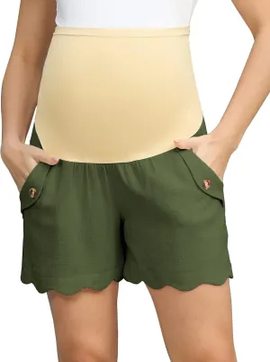 Maacie Maternity Shorts High Waist Scalloped Leg Opening Shorts with Pockets