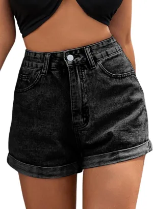 MakeMeChic Women's Casual Roll Up Hem Jean Shorts Straight Leg High Waist Zipper Denim Shorts