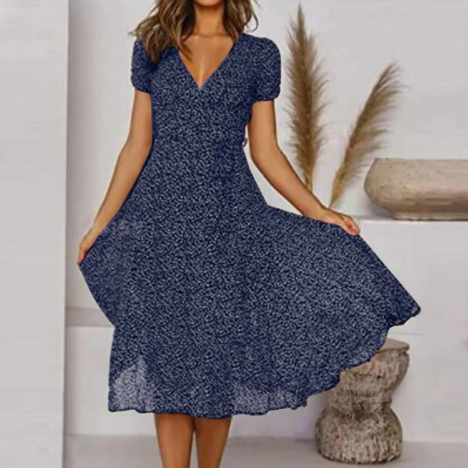 Maxi Dresses for Women 2025 Summer Floral Printed Short Sleeve V Neck Tunic Maxi Dresses Flowy Hem Swing Dresse