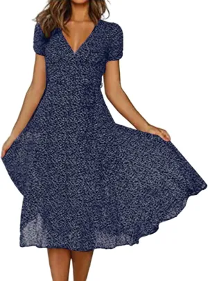 Maxi Dresses for Women 2025 Summer Floral Printed Short Sleeve V Neck Tunic Maxi Dresses Flowy Hem Swing Dresse