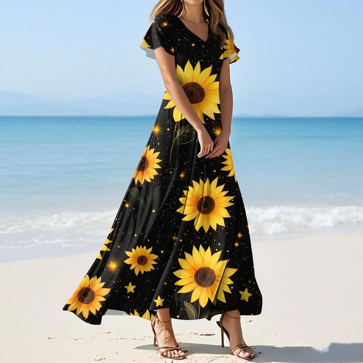 Maxi Dresses for Women,2025 Summer Trendy Floral Boho Dress,Casual V Neck Short Sleeve Chiffon Flowy Beach Dress