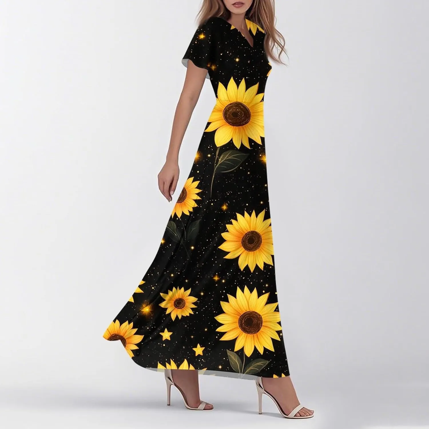 Maxi Dresses for Women,2025 Summer Trendy Floral Boho Dress,Casual V Neck Short Sleeve Chiffon Flowy Beach Dress
