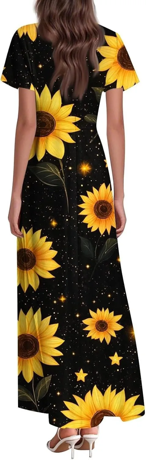 Maxi Dresses for Women,2025 Summer Trendy Floral Boho Dress,Casual V Neck Short Sleeve Chiffon Flowy Beach Dress