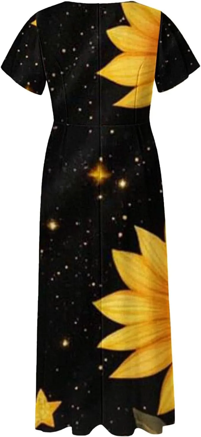 Maxi Dresses for Women,2025 Summer Trendy Floral Boho Dress,Casual V Neck Short Sleeve Chiffon Flowy Beach Dress