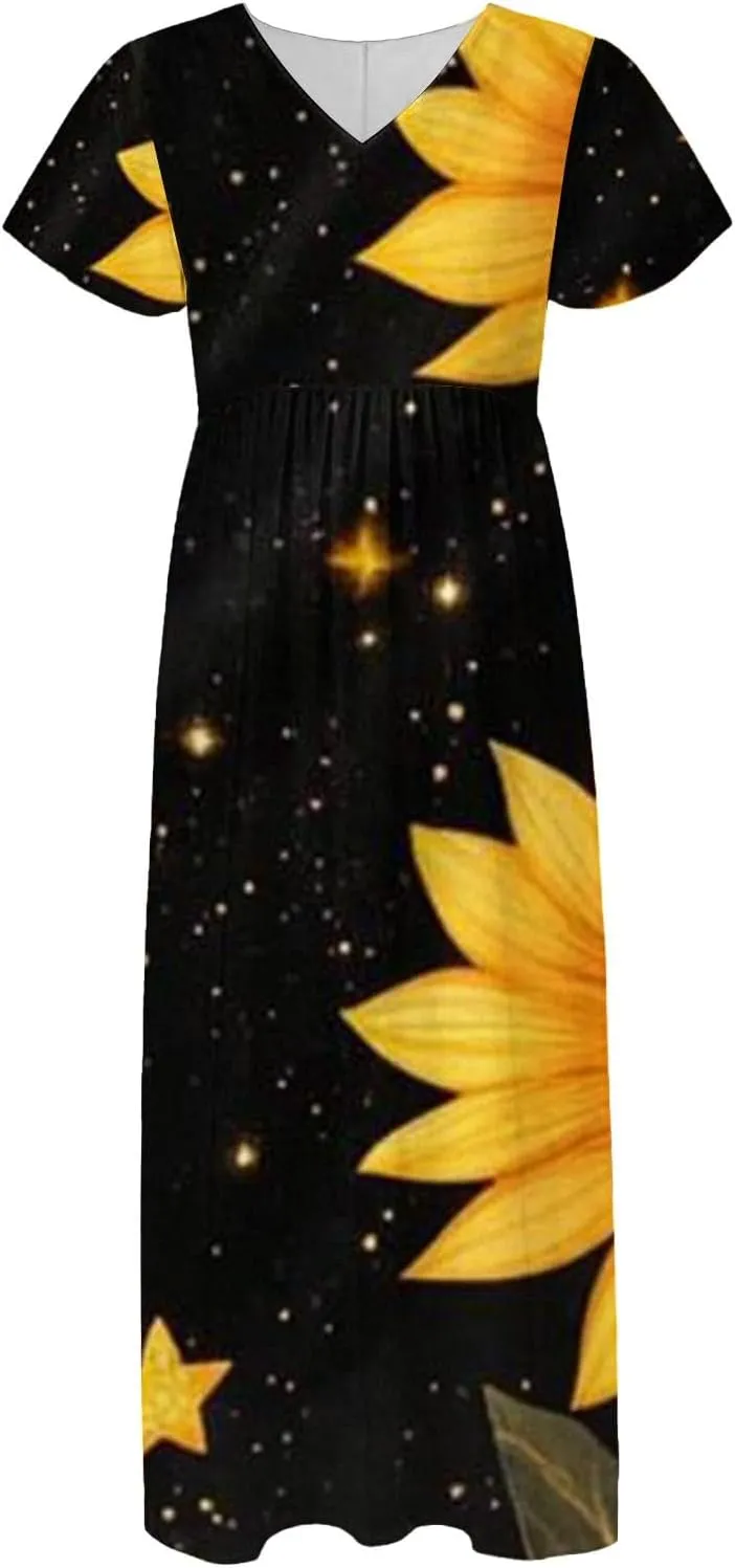 Maxi Dresses for Women,2025 Summer Trendy Floral Boho Dress,Casual V Neck Short Sleeve Chiffon Flowy Beach Dress