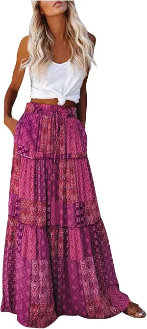 Maxi Skirt for Women Casual High Waist Tie Paisley Print Long Skirts with Pocket Bohemian Flowy Pleated Tiered Skirt