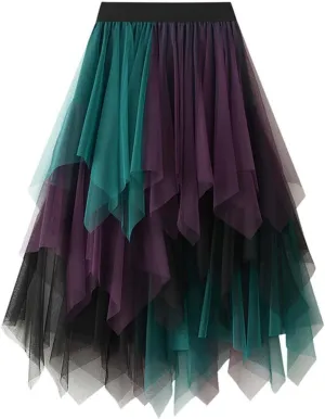 Maxi Skirt for Women Trendy Gradient Sheer Mesh Multi Layer Pleated Lightweight Summer Midi Skirts for Vacation Streetwear