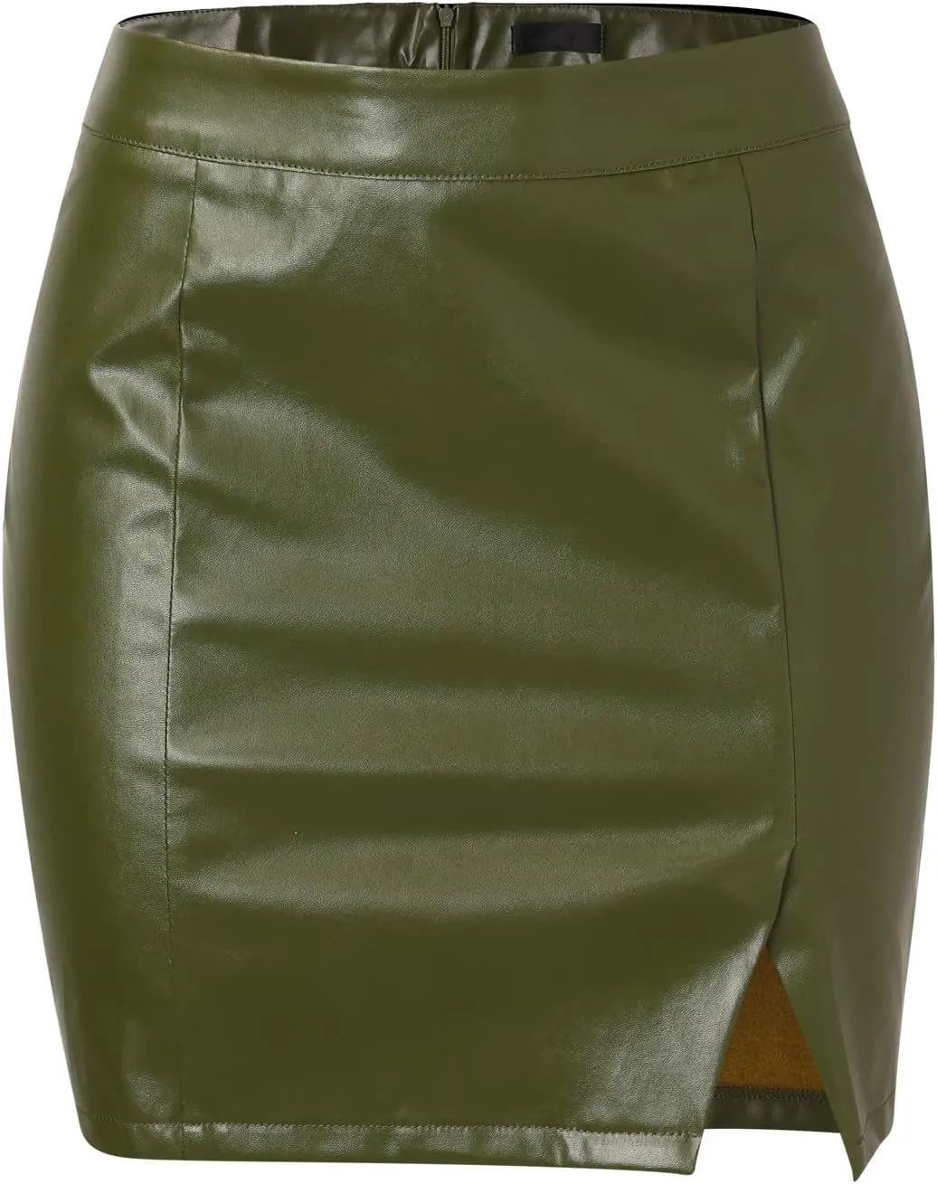 Maxi Skirt with Slit for Women PU Leather Back Zipper Slim Fit Stretchy High Elastic Waist Business Workout Short Skirt