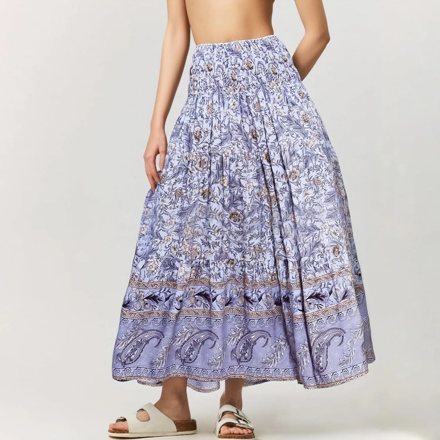 Maxi Skirts for Women 2025 Summer Drawstring High Waisted A-Line Skirts Work Layered Tiered Smocked Skirt Long