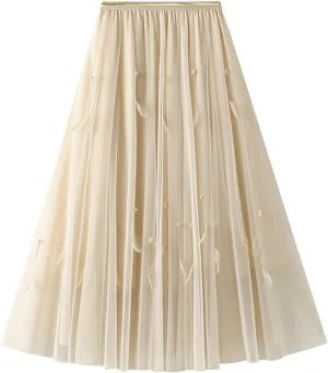 Maxi Skirts for Women 2025 Tummy Control A-Line Pleated Mesh Fairy Solid Puff Midi Skirts Loose Fit Vacation Streetwear