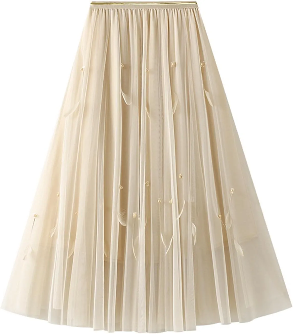 Maxi Skirts for Women 2025 Tummy Control A-Line Pleated Mesh Fairy Solid Puff Midi Skirts Loose Fit Vacation Streetwear