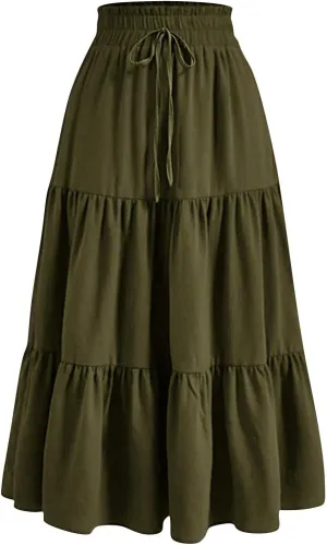 Maxi Skirts for Women High Waisted Tiered A Line Long Skirt Drawstring Flowy Floral Pleated Summer Skirt with Pockets