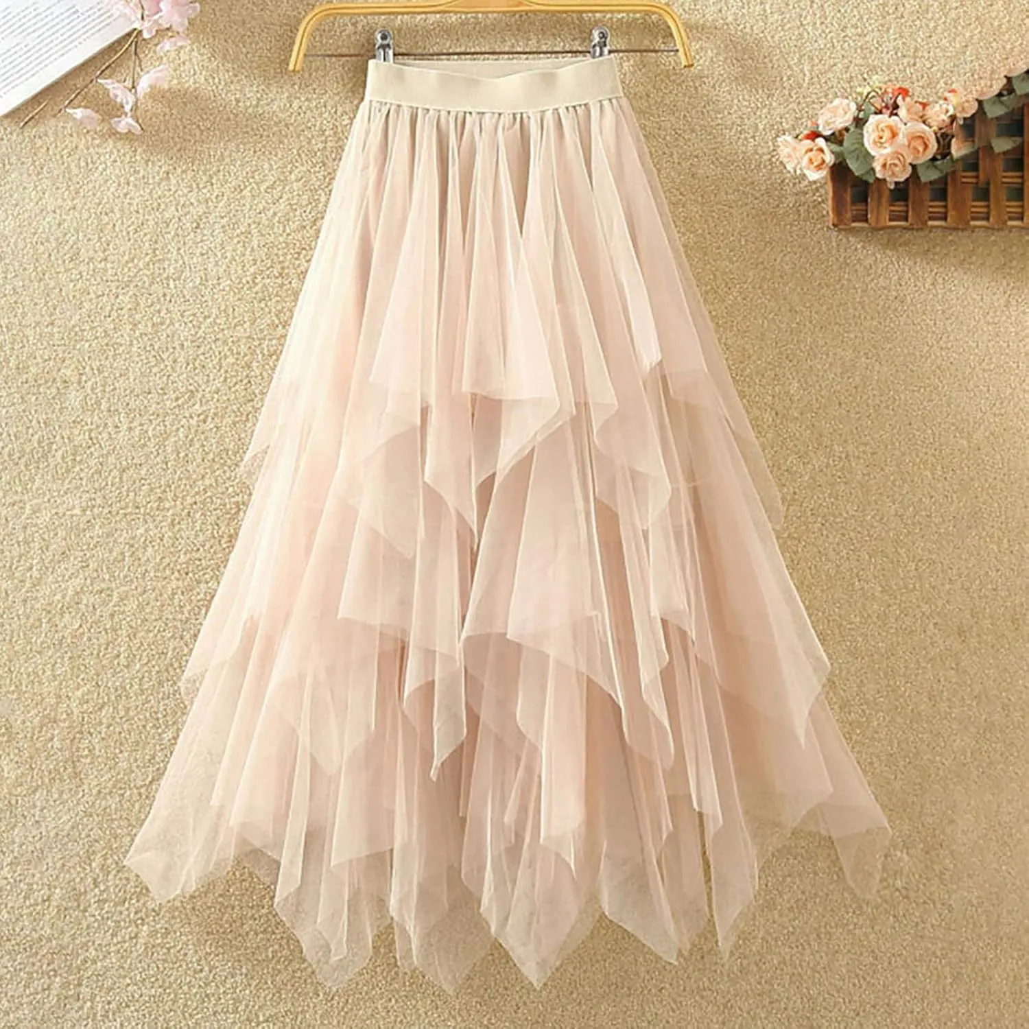 Maxi Skirts for Women Long High Elastic Waist Lightweight Sheer Ruffle Hem Loose Fit A-Line Trendy Mesh Long Skirts