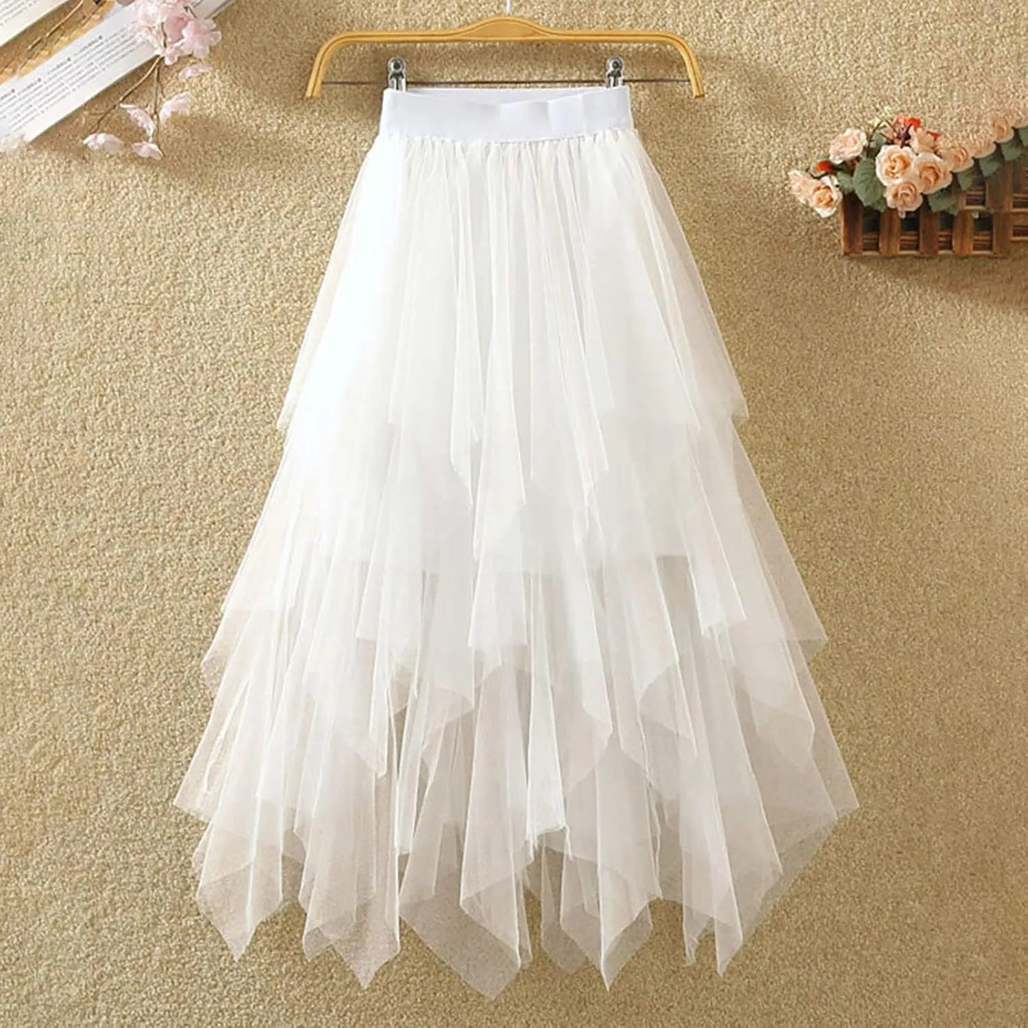 Maxi Skirts for Women Long High Elastic Waist Lightweight Sheer Ruffle Hem Loose Fit A-Line Trendy Mesh Long Skirts