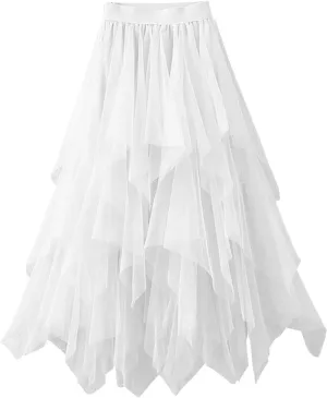 Maxi Skirts for Women Long High Elastic Waist Lightweight Sheer Ruffle Hem Loose Fit A-Line Trendy Mesh Long Skirts
