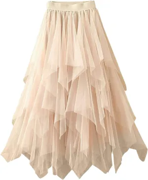 Maxi Skirts for Women Long High Elastic Waist Lightweight Sheer Ruffle Hem Loose Fit A-Line Trendy Mesh Long Skirts