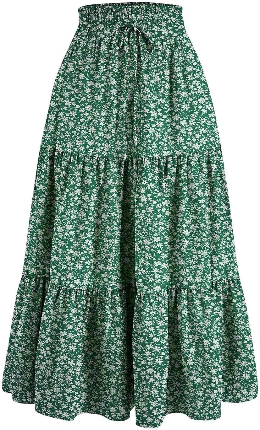 Maxi Skirts for Women Trendy Summer A Line Long Skirt Drawstring High Waisted Tiered Flowy Pleated Skirt with Pockets