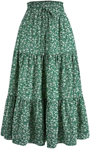 Maxi Skirts for Women Trendy Summer A Line Long Skirt Drawstring High Waisted Tiered Flowy Pleated Skirt with Pockets