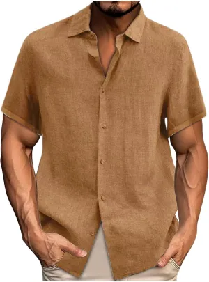 Mens Button Down Shirt Short Sleeve Casual Cotton Linen Tops Summer Beach Baggy V-Neck Tee Top 2024 Trendy Clothes