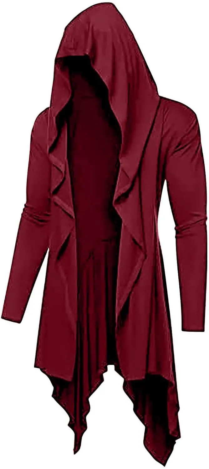 Mens Cardigan,Gothic Lightweight Long Sleeve Hooded Cape Ruffle Shawl Collar Overcoat Retro Assassin Outfits