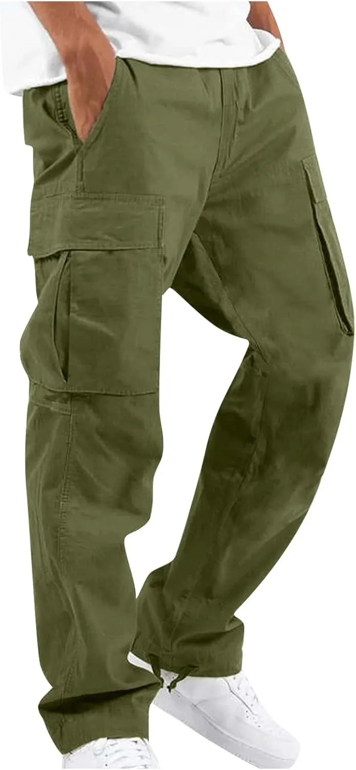 Men's Cargo Pants Relaxed fit Stretch Cargo Work Pants Drawstring Waist Straight Leg Lounge Pants with Multi Pockets