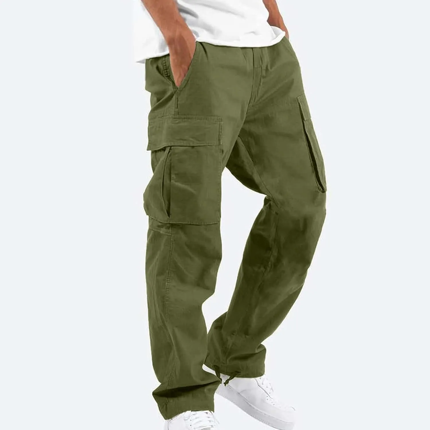 Men's Cargo Pants Relaxed fit Stretch Cargo Work Pants Drawstring Waist Straight Leg Lounge Pants with Multi Pockets