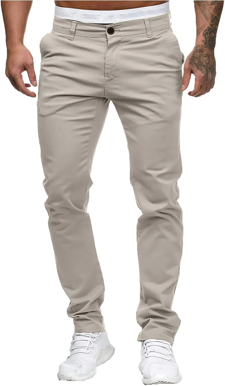 Men's Casual Pants Solid Pocket Button Mid Waist Work Trousers Relaxed Fit Straight Leg Long Pants
