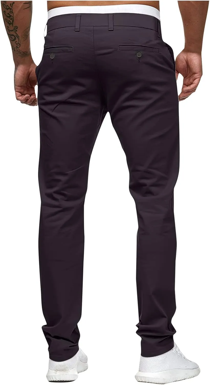 Men's Casual Pants Solid Pocket Button Mid Waist Work Trousers Relaxed Fit Straight Leg Long Pants