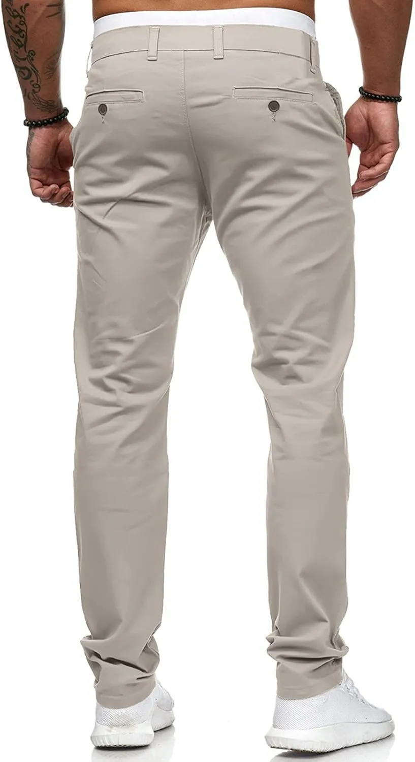 Men's Casual Pants Solid Pocket Button Mid Waist Work Trousers Relaxed Fit Straight Leg Long Pants