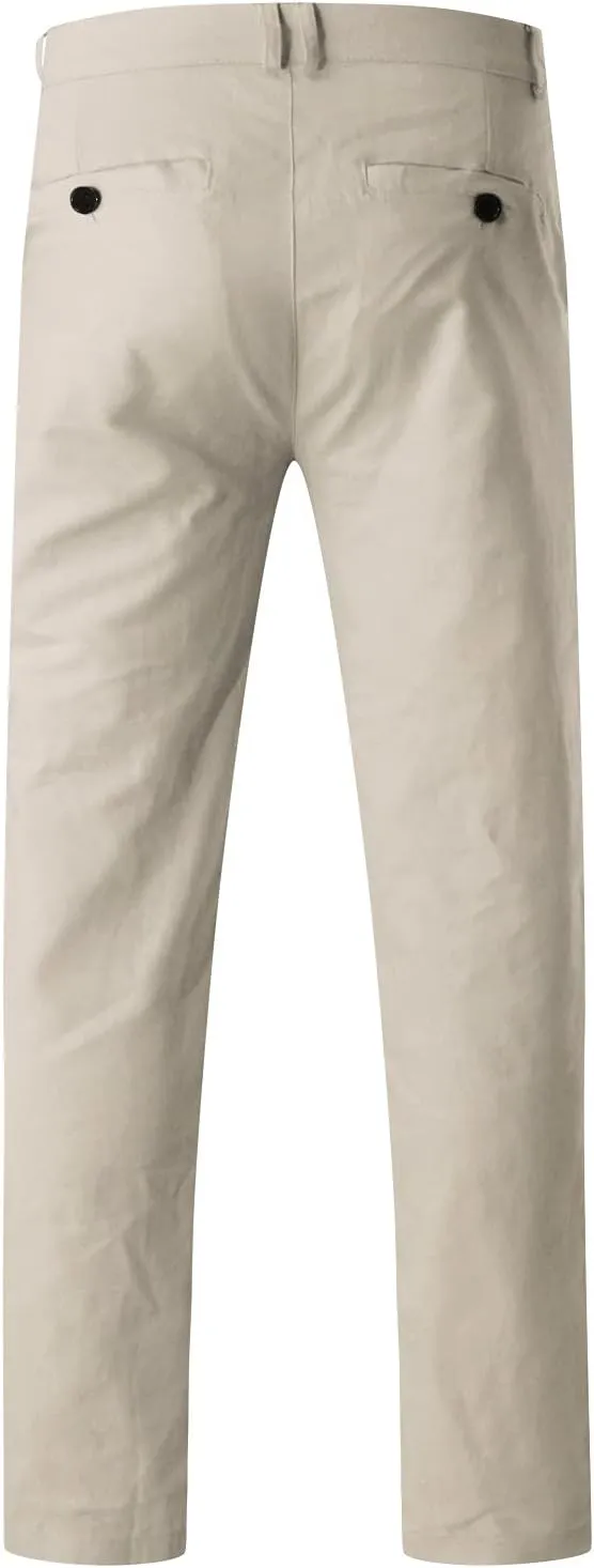 Men's Casual Pants Solid Pocket Button Mid Waist Work Trousers Relaxed Fit Straight Leg Long Pants