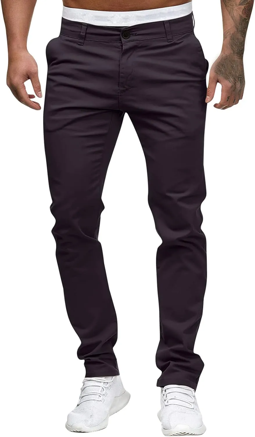 Men's Casual Pants Solid Pocket Button Mid Waist Work Trousers Relaxed Fit Straight Leg Long Pants